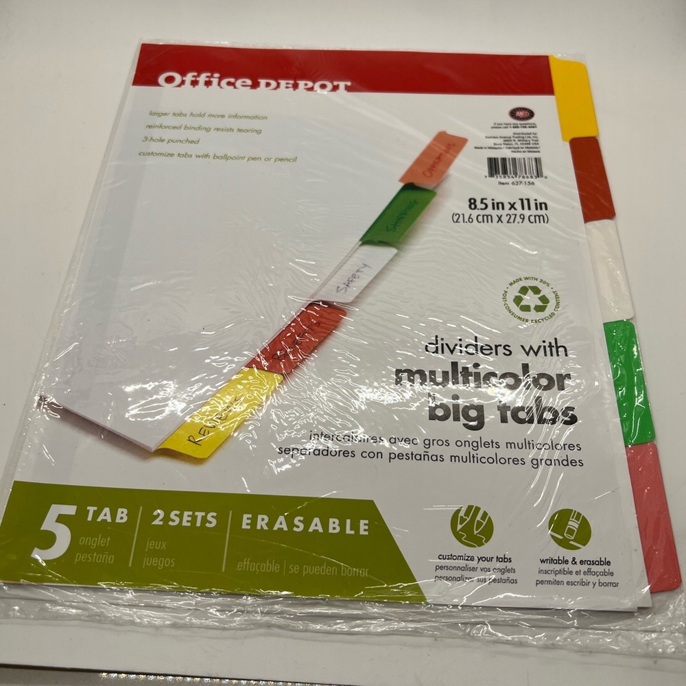 NWT Office Depot dividers with multicolor big tabs, 10 tabs in total. erasable